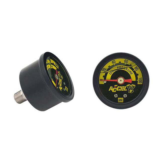 ACCEL, OIL PRESSURE GAUGE, 100 PSI. BLACK1/8" NPT OIL PRESSURE GAUGE. 517832