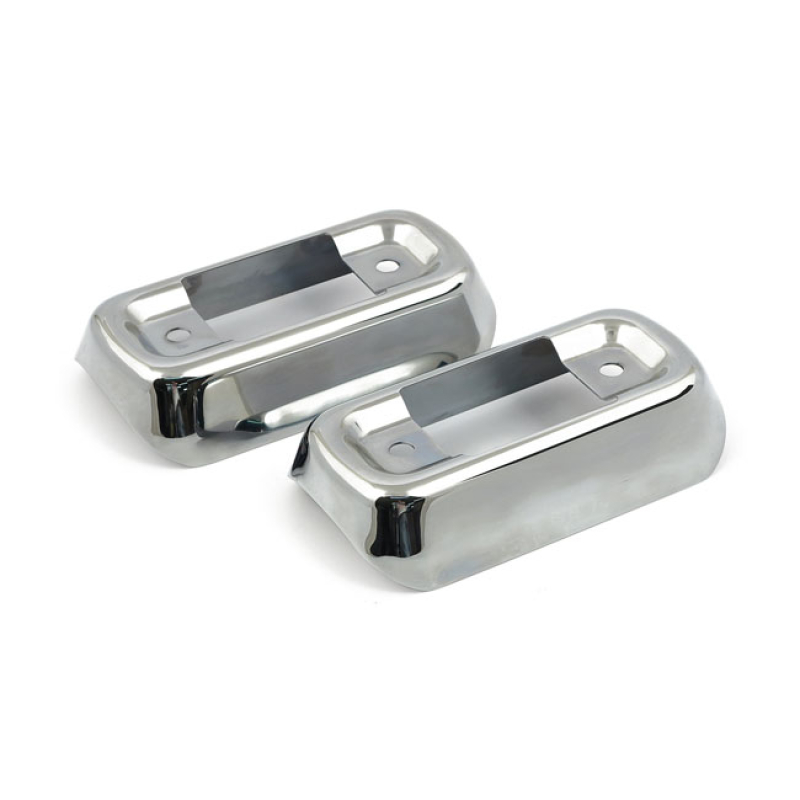 FLT/TOURING MUFFLER BRACKET COVER SET. CHROME STAMPED STEEL. COVERS TO 501008