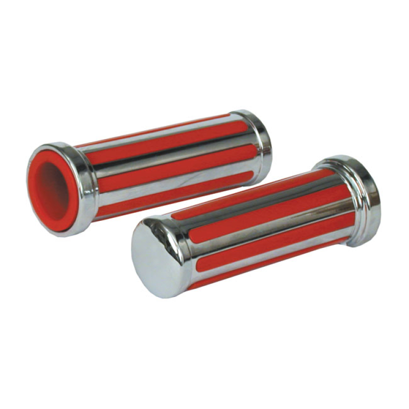 HANDLEBAR GRIP SET, 'RAIL' WITH RED RUBBER INLAY CHROME PLATED ALUMINU 504580