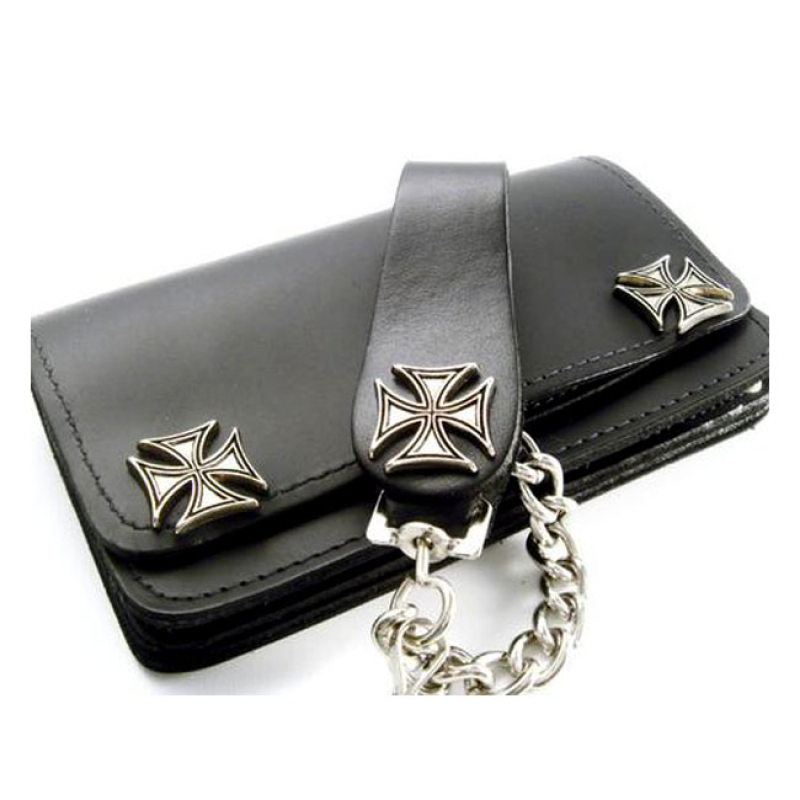 AMIGAZ BLACK LEATHER BIKER CHAIN WALLET WITH MALTESE CROSS SNAPS; WIT 563417