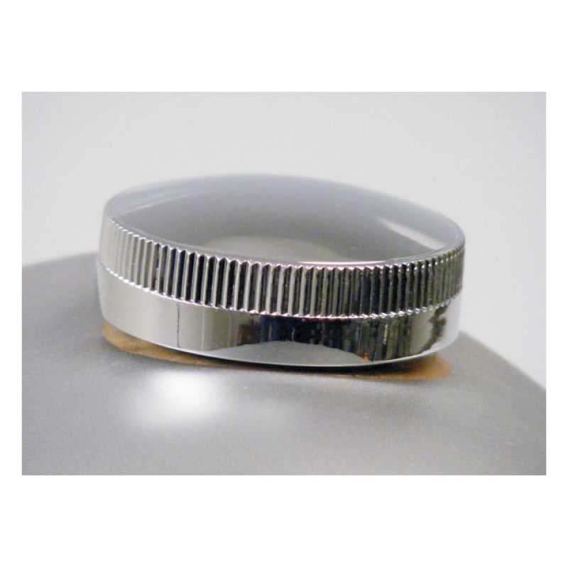 PAUGHCO, LONG SKIRT CAM STYLE GAS CAP. CHROME, WIDE KNURLING 902752