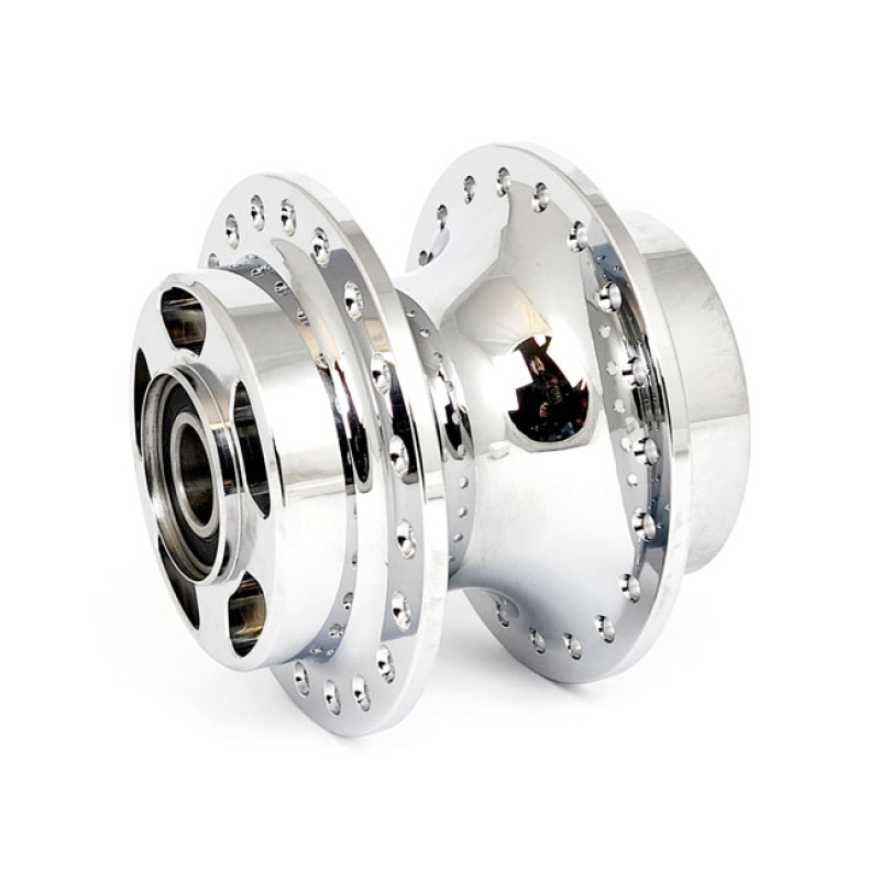 FRONT WHEEL HUB, CHROME WITH ABS BEARING. FITS MODELS WITH 'WIDER TRIP 905563
