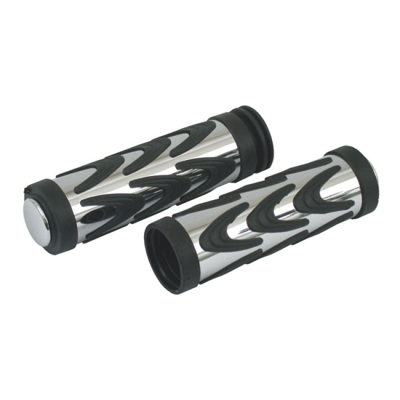 HANDLEBAR GRIP SET, MODEL VEE RUBBER GRIPS WITH A CHROME PLATED STEEL 910225