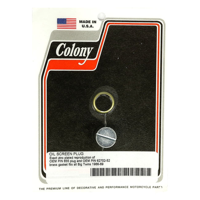COLONY, OEM STYLE SLOTTED PLUG OIL SCREEN CRANKCASE. ZINC OEM 655 REPR 929678