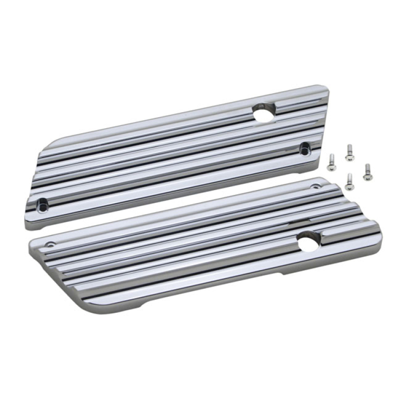 COVINGTONS, SADDLEBAG LATCH COVER SET. FINNED. CHROME CNC MACHINED FRO 953722