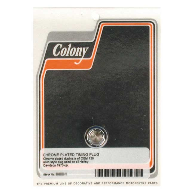 COLONY, TIMING PLUG. OEM STYLE ALLEN. CHROME 5/8"-18 THREADED. CUSTOM 989286