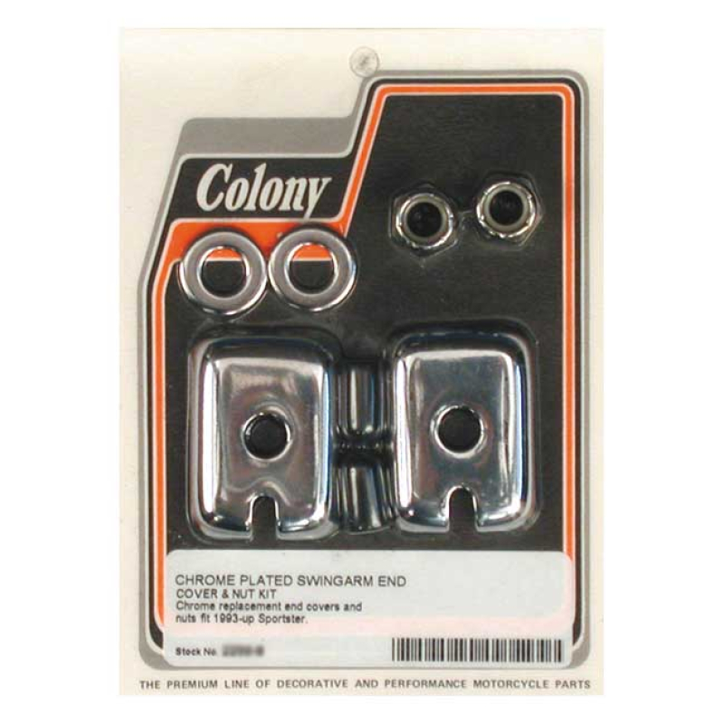 COLONY SWINGARM END CAP & NUT KIT CHROME, REPLACES OEM AXLE ADJUSTER C 989391