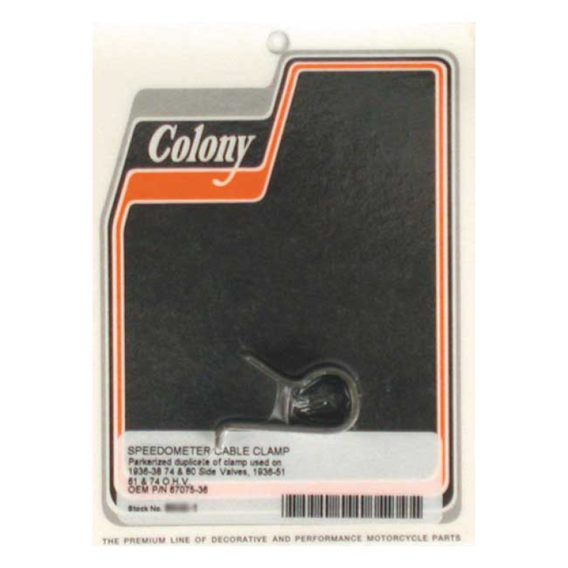 COLONY, SPEEDO CABLE CLAMP. BLACK PARKERIZED EXACT DUPLICATE OF THE OE 989851