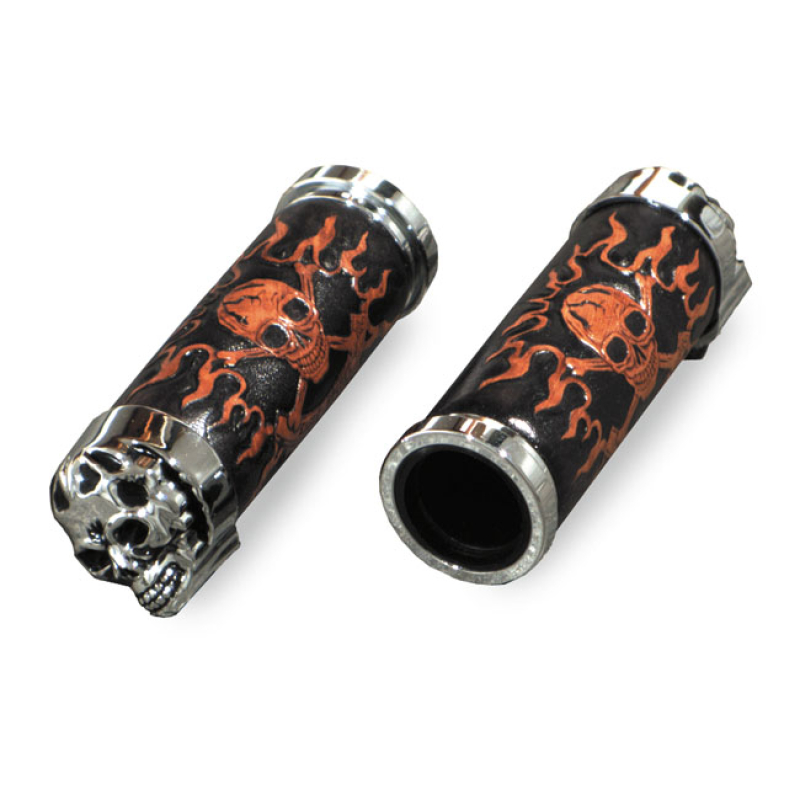 HANDLEBAR GRIP SET, CUSHION SKULL LEATHER ALUMINUM THROTTLE GRIP SET W 913151