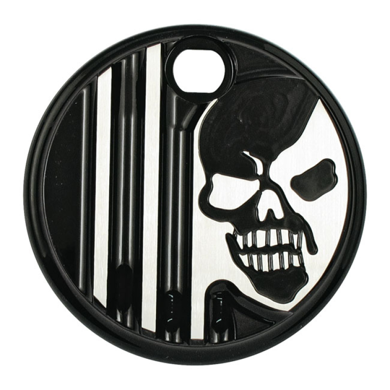 COVINGTONS, ALUMINUM FUEL TANK DOOR. BLACK. SKULL FINNED WITH SKULL. B 953880