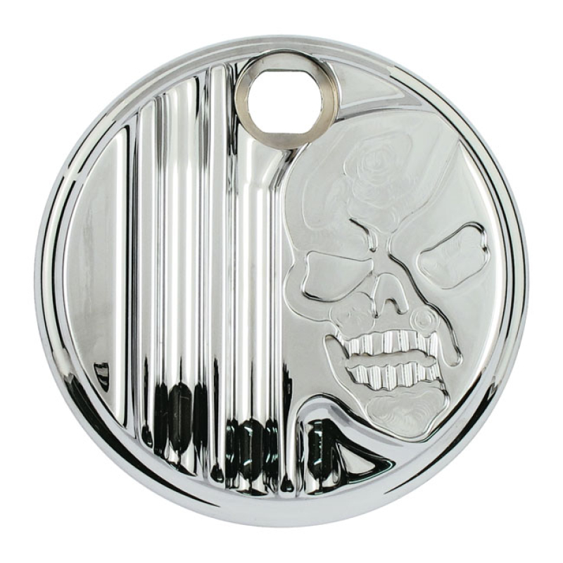 COVINGTONS, ALUMINUM FUEL TANK DOOR. CHROME. SKULL FINNED WITH SKULL. 953881