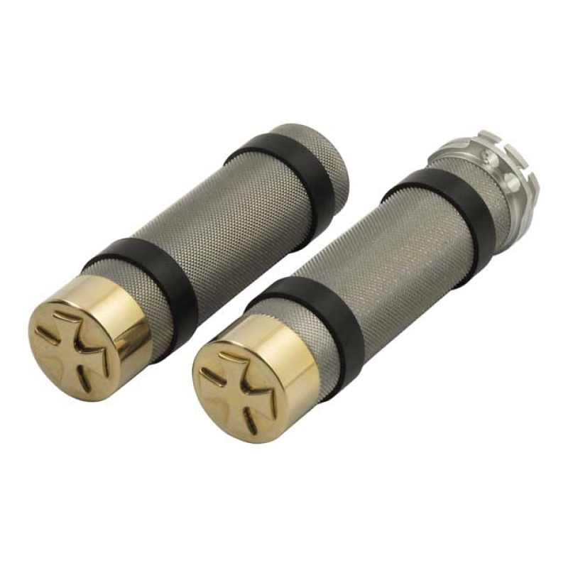 HKC H/B RETRO GRIPS, MALTESE CROSS POLISHED BRASS. BADASS HANDLEBAR GR 982250