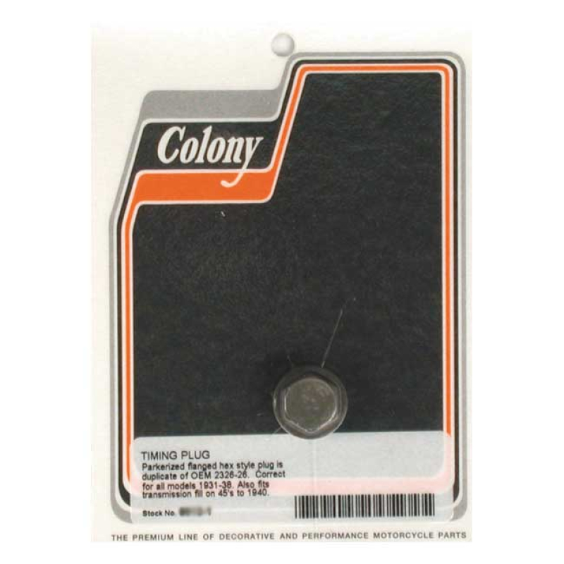 COLONY, TIMING/DRAIN PLUG. OEM STYLE HEX. PARKERIZED BLACK PARKERIZED 989299