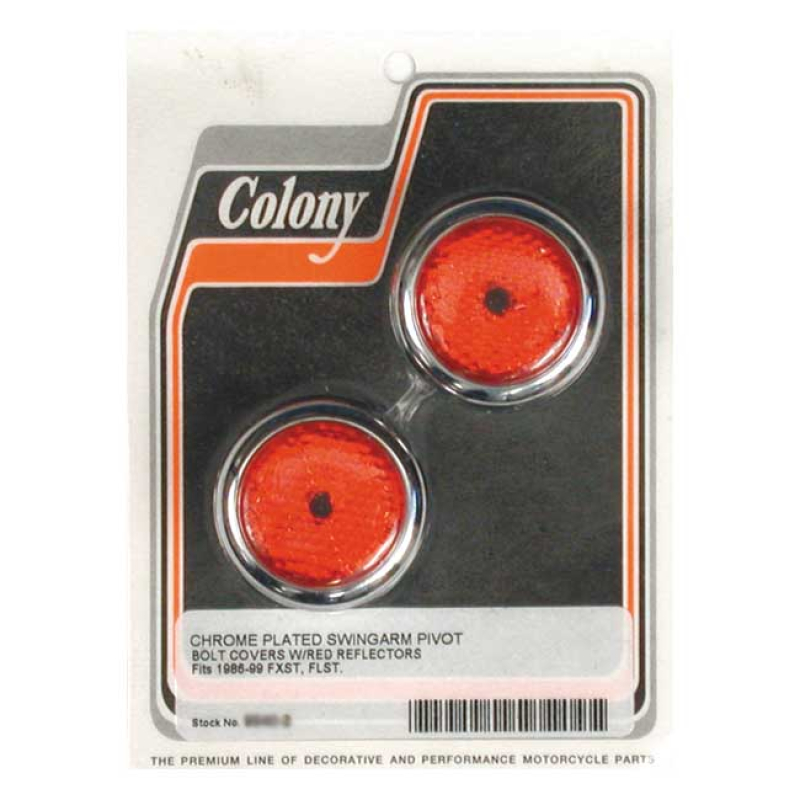 COLONY, SWINGARM PIVOT BOLT COVER SET. RED REFLECTOR CHROME PLATED WIT 989900