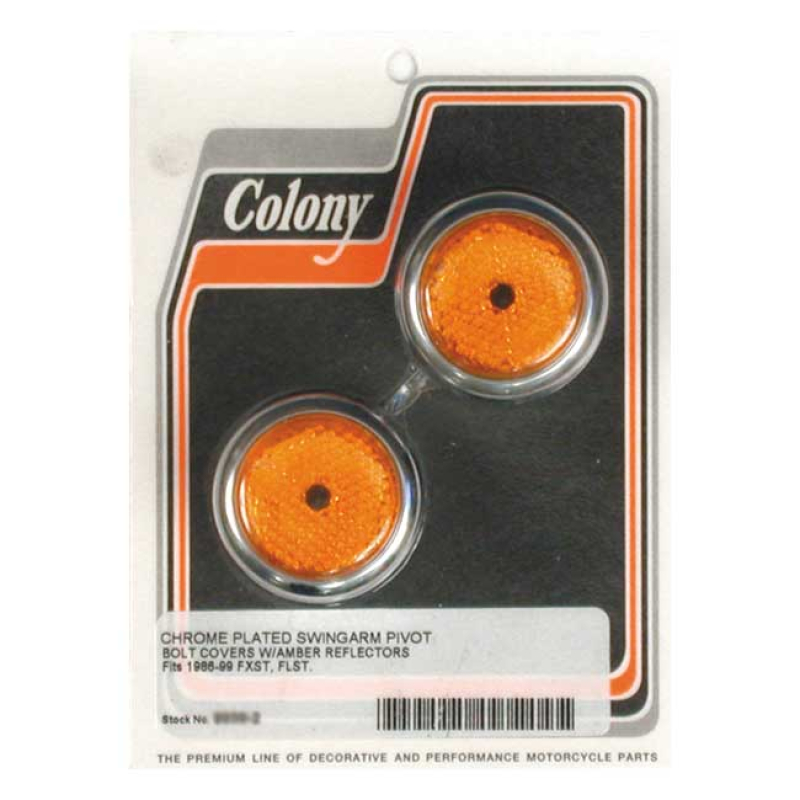 COLONY, SWINGARM PIVOT BOLT COVER SET. AMBER REFLECTOR CHROME PLATED W 989901