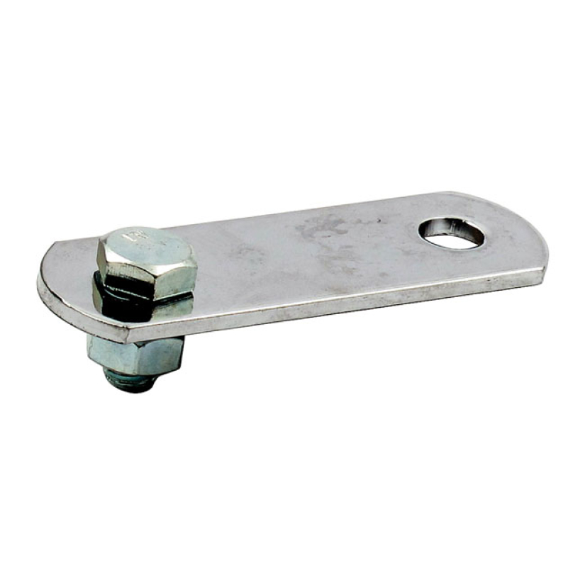 UNIVERSAL EXHAUST MOUNT BRACKET. 3" LONG, 2 HOLES CHROMED STEEL. STRAI 500997