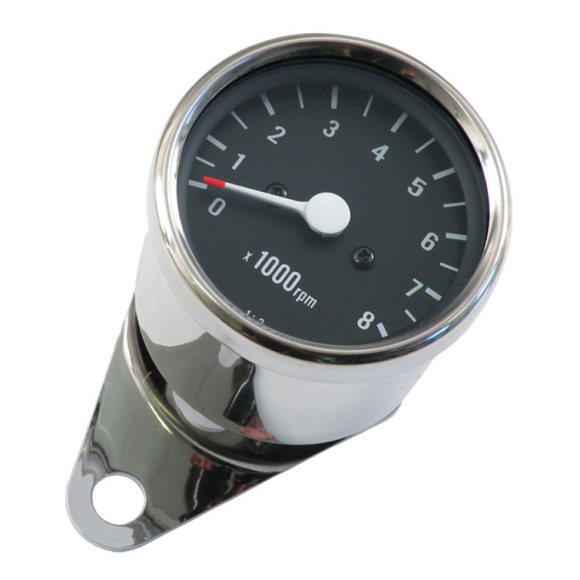 MINI MECHANICAL TACHOMETER. 8000 RPM. CHROME CHROME HOUSING. BLACK FAC 502575