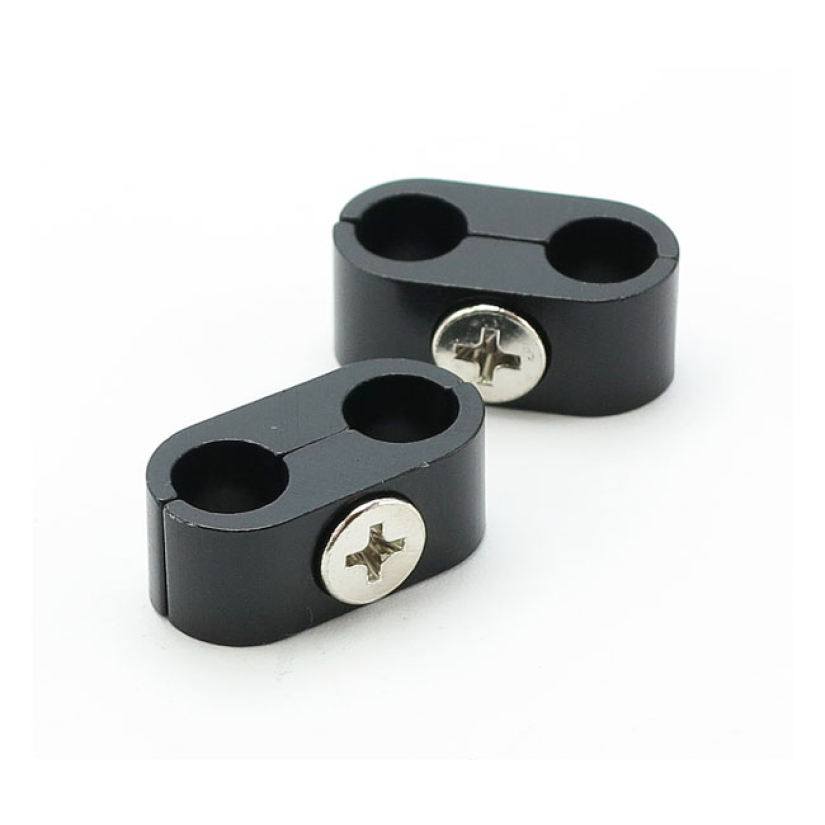 8MM SPARK PLUG WIRE SEPARATOR. SMOOTH, BLACK ANODIZED ALUMINUM 2-PIECE 504867