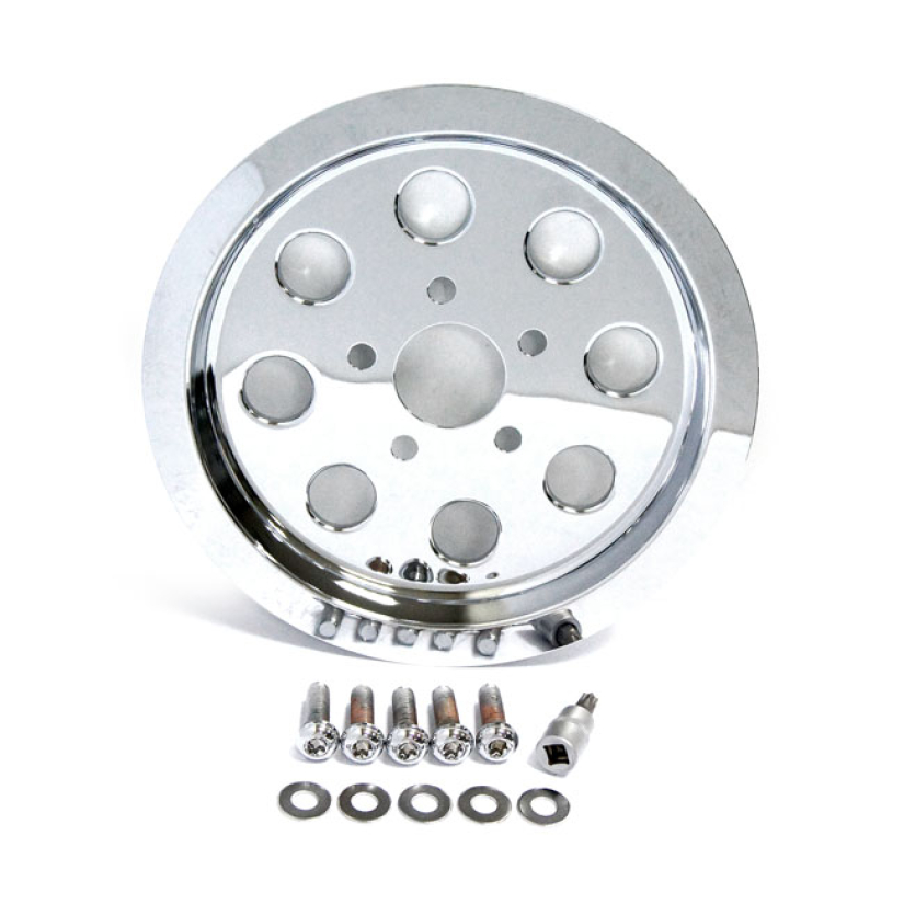 PULLEY COVER, HOLES. (61T) CHROME PLATED STEEL. FULLY COVERS THE OEM R 512622