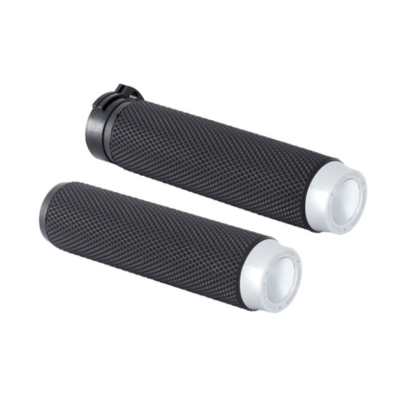 ROUGH CRAFTS, KNURLED RUBBER HANDLEBAR GRIPS. CHROME CNC MACHINED BILL 599473