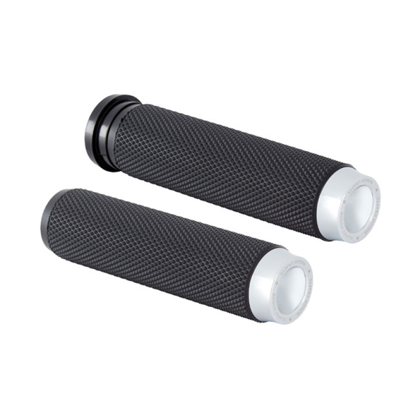 ROUGH CRAFTS, KNURLED RUBBER HANDLEBAR GRIPS. CHROME CNC MACHINED BILL 599475