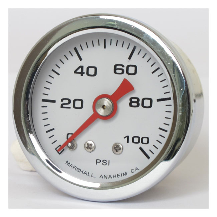 MARSHALL OIL PRESSURE GAUGE, 0-100 PSI. STAINLESS HOUSING COMP WHITE F 900837