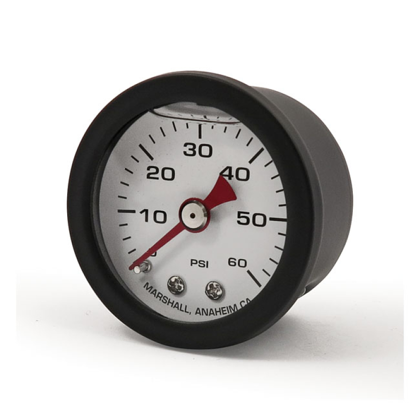 MARSHALL OIL PRESSURE GAUGE, 0-60 PSI. BLACK HOUSING WHITE FACE; WITH 901013