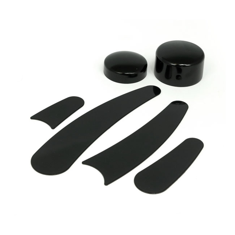 FRAME INSERTS REAR & SWINGARM PIVOT BOLT COVERS BLACK. OEM REPLACEMENT 904461