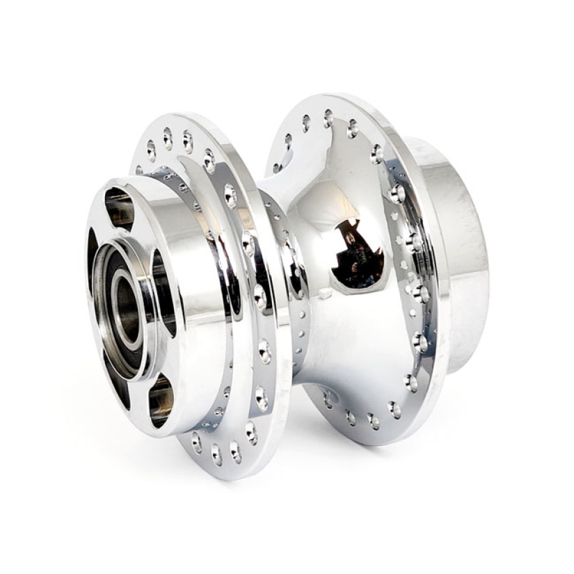 FRONT WHEEL HUB, CHROME WITH ABS BEARING. FITS MODELS WITH ''WIDER TRI 905563