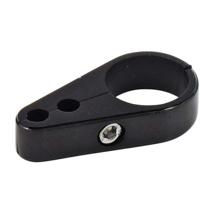 2-PIECE FRAME CABLE CLAMP. THROTTLE/IDLE. BLACK TWO-PIECE DESIGN CABLE 910566