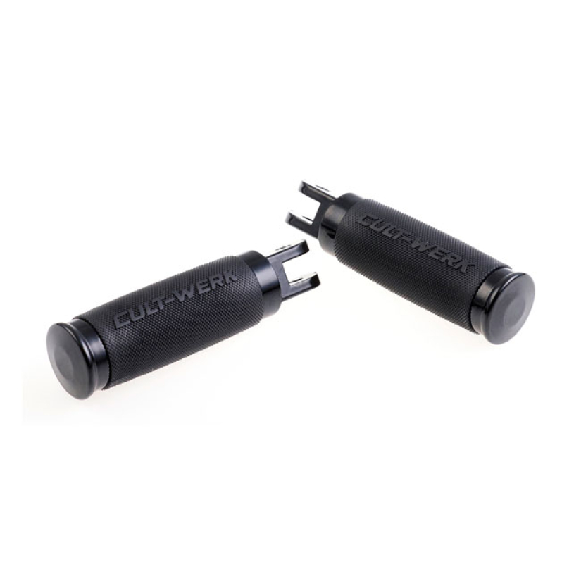 CULT-WERK, ''RACING'' RIDER FOOT PEG SET. GLOSS BLACK MACHINED FROM ON 942191