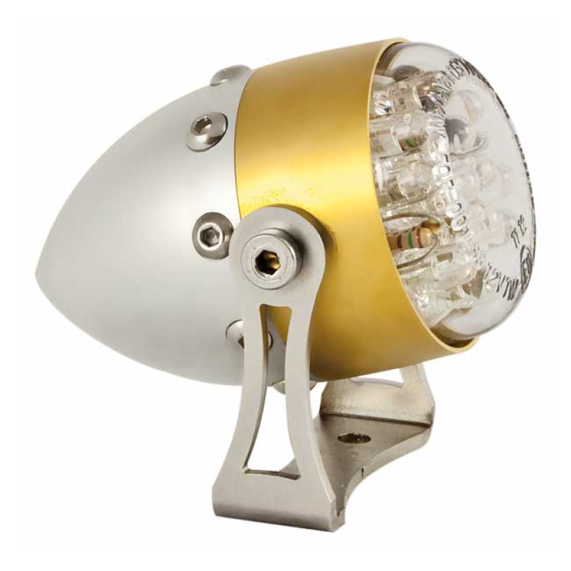 HKC, RETRO LED TAILLIGHT. MATTE ALUMINUM. BRASS FRONT RING ECE APPROVE 982026