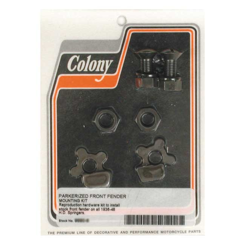 COLONY, FRONT FENDER MOUNT KIT. PARKERIZED BLACK PARKERIZED FINISH. RE 989498