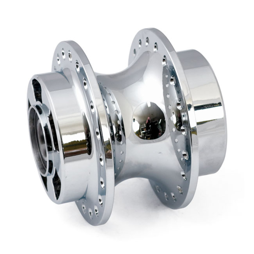 FRONT WHEEL HUB, CHROME WITH BEARING. FITS MODELS WITH ''WIDER TRIPLE 991250